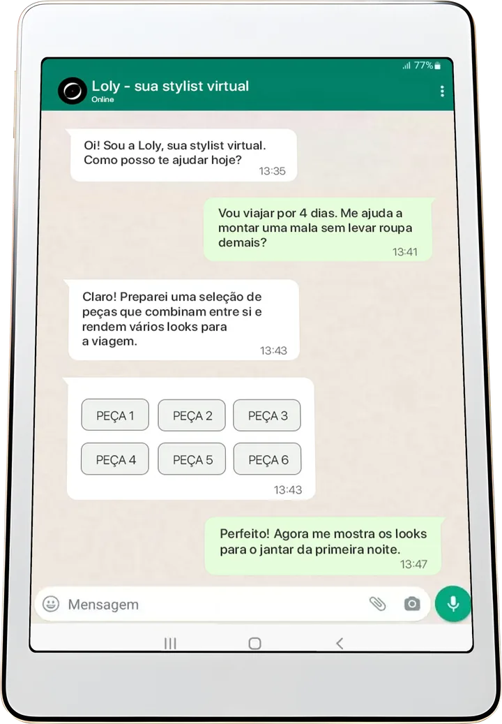 Conversa no WhatsApp: a Loly monta uma cápsula de peças para uma viagem de quatro dias.
